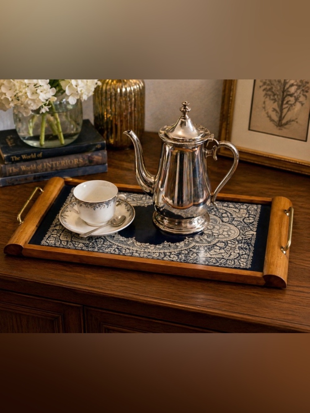 Vintage MCM Wood Glass Serving Tray Lace Insert Cocktail Bar 18.5”